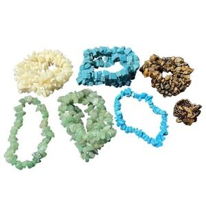 Lot of 7 Natural Gemstone Chip Bead Stretch Bracelets & Ring Turquoise